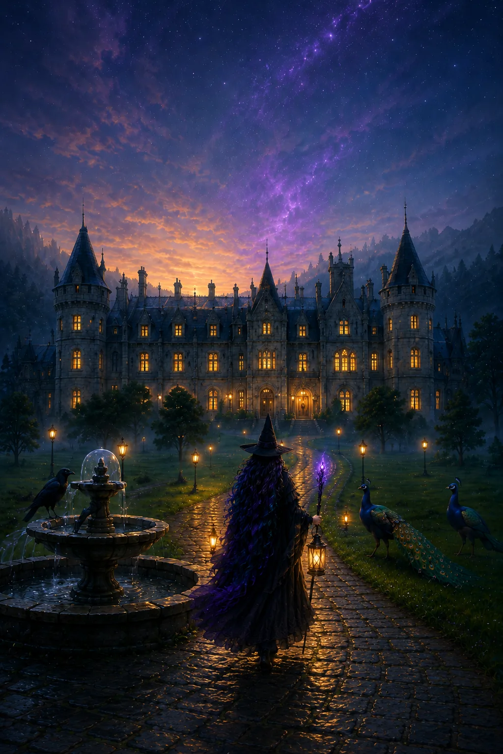 Asteria — a grey stone house at the end of a misty valley, peacocks on the lawn, a crow in the fountain and the witch walking up the drive with a lantern.