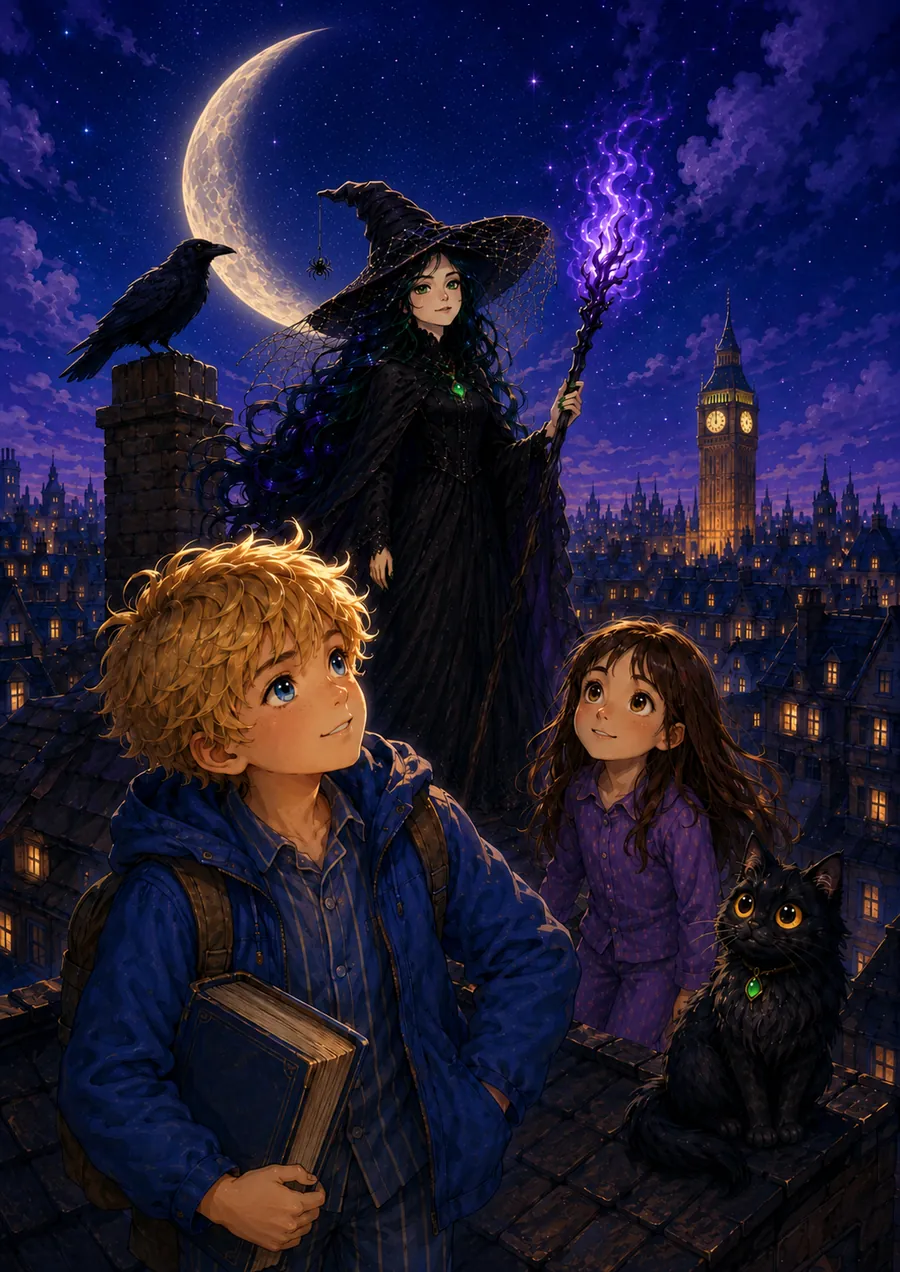 Chapter one — the witch lands on a London rooftop beneath the full moon.