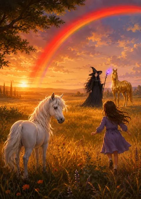 Chapter two — a rainbow burning red over a Spanish field at sunset.
