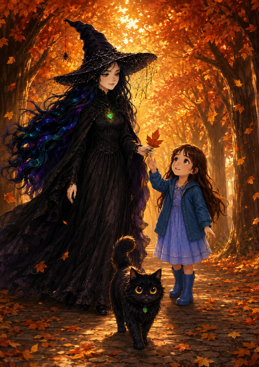 Glow Witch walking an avenue of autumn chestnuts in daylight, handing Ella a single brown leaf.