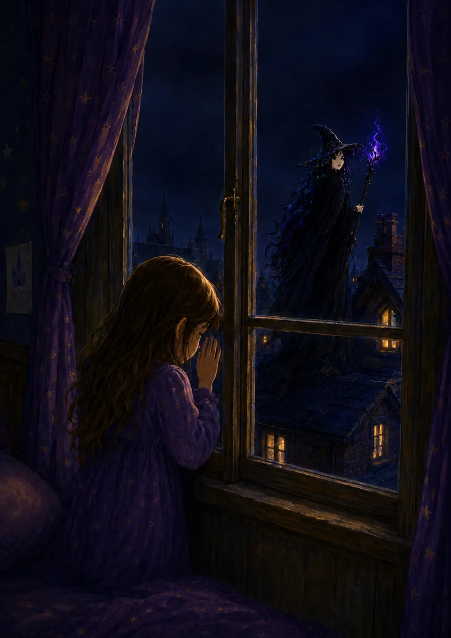 Ella at her bedroom window at night, hands against the glass, the witch standing on the roof opposite.