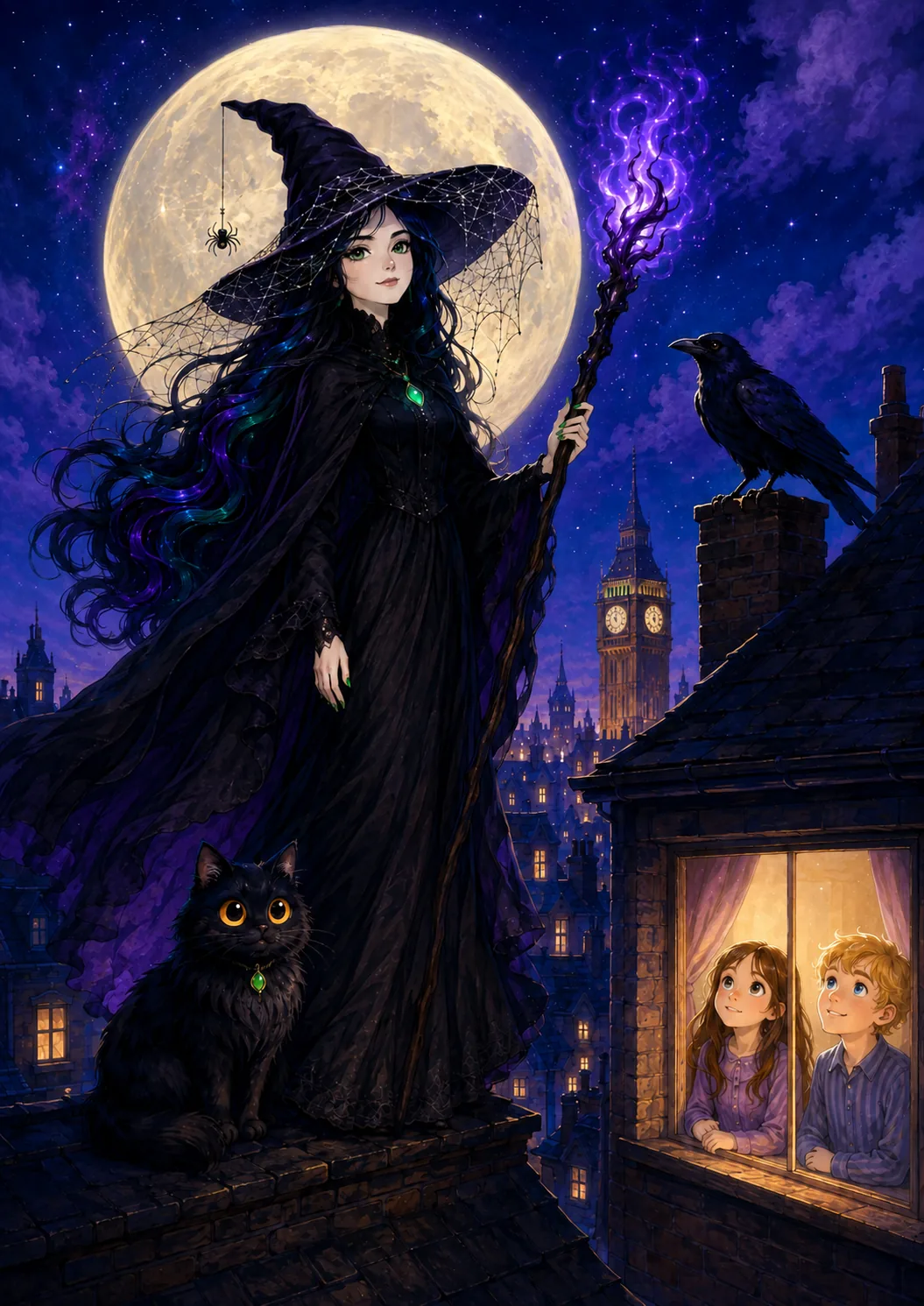 Glow Witch on a London rooftop beneath a full moon, her black cat beside her, two children watching from a lit window.