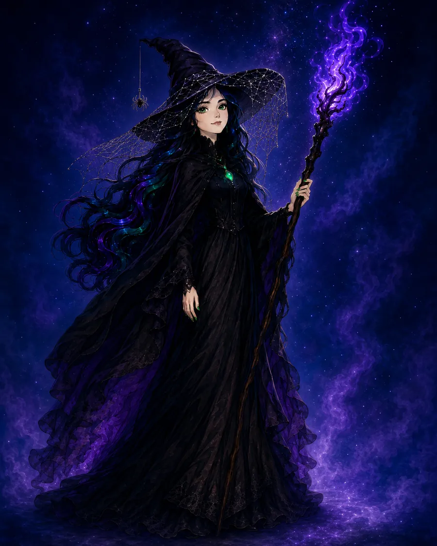 Glow Witch — crow-black hair with blue and green in it, emerald eyes, a spiderweb veil on her hat and a staff burning violet.